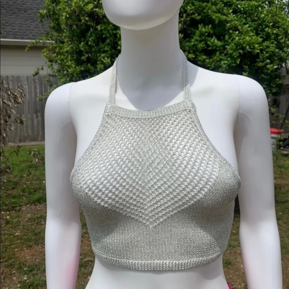 💋NWT Lovers + friends silver metallic halter bikini swim top - Picture 3 of 13